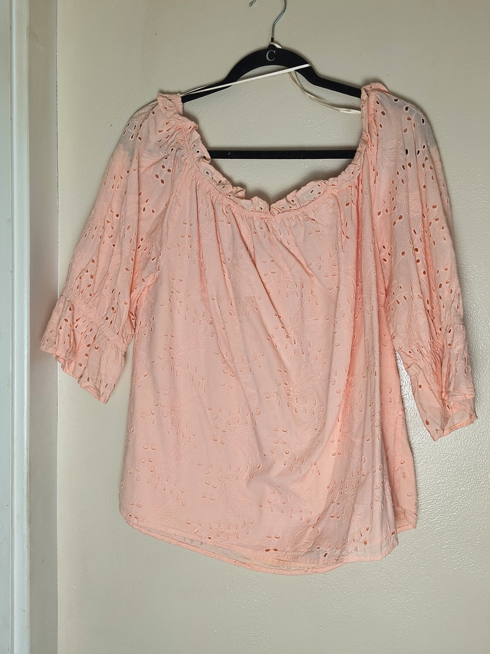 Cotton eyelet ruffled peach pink cottagecore peasant blouse